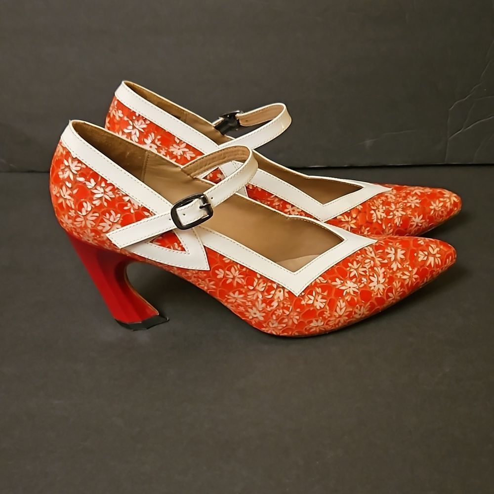 John Fluevog, red floral print(twist) heels.  Size 9.5. - Picture 3 of 9